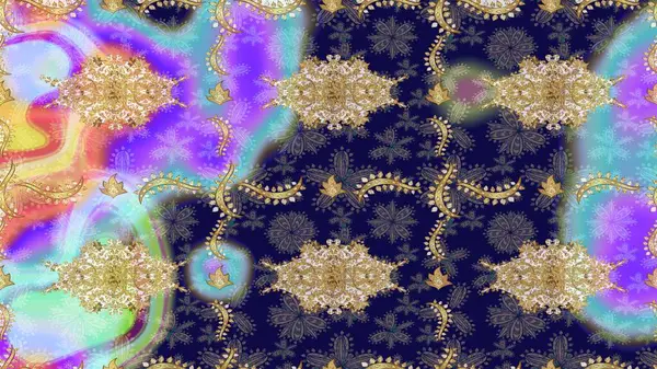 Mavi renkler ve altın elementler üzerine çizim. Altın şablonu çiz. Raster doğulu süsü.