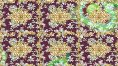 Damask arkaplanı. Barok tarzında altın çiçekli süs. Kahverengi renkte altın bir element. Altın çiçekli çizim şekli.