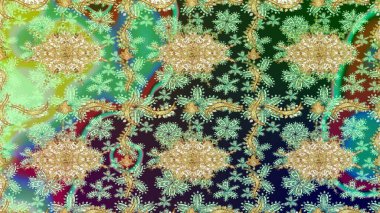 Noel, kar tanesi, yeni yıl 2019. Yeşil renklerde altın elementli eskiz kalıbı.