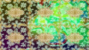 Doğu tarzı arabesk tarzında altın elementler. Çizim altın desenli bukleler. Raster Golden eskiz kalıbı. Yeşil renkte çizim deseni.