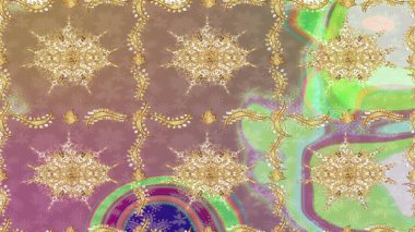 Bej renkler ve altın elementler üzerine altın eskiz deseni. Tekrarlayan elementlerle soyut arkaplan oluşturun. Klasik altın desenli eskiz. Raster illüstrasyonu.