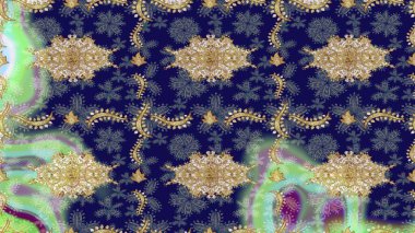 Barok tarzında altın çiçek süsü. Mavi renklerdeki altın element. Antika altın tekrarlanabilir duvar kağıdı. Damask çizim şablonu yineleniyor.