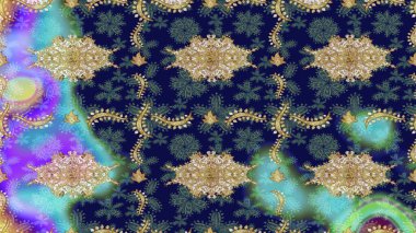 El yapımı dekoratif çerçeve, albüm kapağı, tebrik kartı, klasik Art deco tarzı. Raster soyut çiçek çelengi altın karalama fantezi yaprakları ve mavi renkli çiçek.