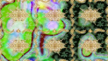 Yeşil renklerdeki altın element. Damask çizimi tekrarlanıyor. Doku arka planında altın duvar kâğıdı. Barok tarzında altın çiçekli süs..