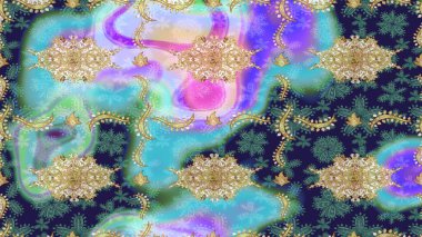 Barok tarzında eskiz oryantal süsü. Raster oryantal süs. Geleneksel klasik altın desen. Altın elementlerle mavi renklerde altın desen.