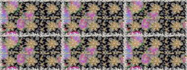 Raster illüstrasyonu. Süslü dekorasyon. Damask altın soyut çiçek gri renklerde pürüzsüz desen.