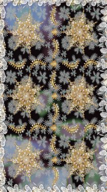 El yapımı dekoratif çerçeve, albüm kapağı, tebrik kartı, klasik Art deco tarzı. Raster soyut çiçek çelengi altın karalama fantezi yaprakları ve gri renkli çiçekler.