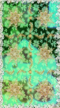 Doku arka planında altın duvar kâğıdı. Damask kusursuz yinelenen arkaplan. Yeşil renklerdeki altın element. Barok tarzında altın çiçekli süs..