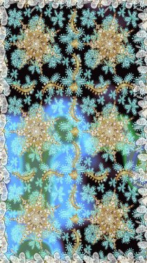 Doğu tarzı arabesk. Raster. Mavi renklerde altın elementlerle kusursuz desen. Kusursuz altın desenli bukleler. Hassas altın deseni açın. Parlak dantel, stilize çiçekler, şal desenli.