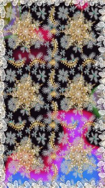 Süslü dekorasyon. Raster illüstrasyonu. Damask altın soyut çiçek gri renklerde pürüzsüz desen.