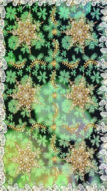 Noel, kar tanesi, yeni yıl. Yeşil renklerde ve altın elementlerle kusursuz klasik desen. Yeşil renklerdeki altın desenli altın elementler.