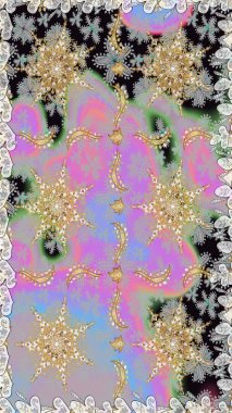 Raster altın tekstil baskısı. Gri renkli ve altın elementli altın desenli. Kusursuz desenli oryantal süs. İslam tasarımı. Çiçek karoları.