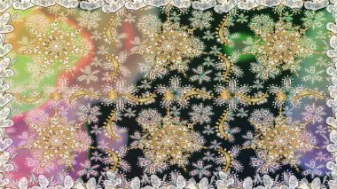 Kına dövmeli süs çiçekleri, altın çıkartmalar, mehndi ve yoga tasarımı, kartlar ve parmak izleri. Raster Golden Mehndi kusursuz desen. Gri renklerde desen.