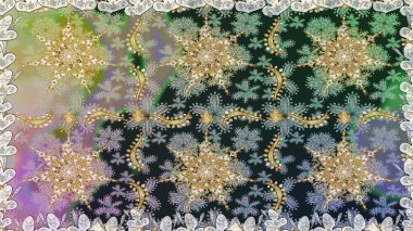 Altın antika ortaçağ dekoratifi, yapraklar ve gri renkli altın desenli süslemeleri olan pürüzsüz bir şablon. Kusursuz kraliyet lüksü, altın barok kumaş rengi..