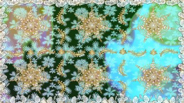 Altın elementlerle mavi renklerde altın desen. Kusursuz desenli oryantal süs. Çiçek kiremitleri. İslam tasarımı. Raster altın tekstil baskısı.