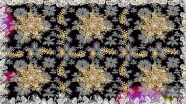 Klasik çiçek dokusu. Kart, duvar kağıdı, ambalaj ve tekstil için klasik tasarım. Altın şablon. Gri renkli Royal retro. Kusursuz desenli altın elementler. Raster illüstrasyonu.