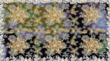 Kusursuz klasik raster altın desenli. Geleneksel oryantasyon süsü. Klasik klasik klasik arka plan. Altın elementlerle gri renklerde altın desen.