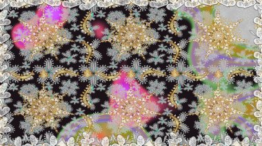 Raster illüstrasyonu. Kusursuz desenli altın elementler. Gri renkli Royal retro. Klasik çiçek dokusu. Altın şablon. Kart, duvar kağıdı, ambalaj, tekstil için klasik tasarım.