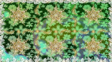 Doğu tarzında klasik tasarım öğesi. Süslü dantel iz sürücü. Geleneksel Arap dekoru yeşil renklerde. Çiçekli süslemeli, pürüzsüz bir desen. Duvar kağıdı için altın süslü illüstrasyon.