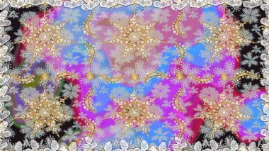 Doğu tarzında klasik tasarım öğesi. Süslü dantel iz sürücü. Çiçekli süslemeli, pürüzsüz bir desen. Tarafsız renkler üzerine geleneksel Arapça dekor. Duvar kağıdı için altın süslü illüstrasyon.