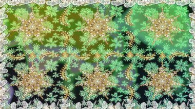 Damask pürüzsüz süsü. Geleneksel raster ve altın desen. Yeşil renkler üzerinde klasik oryantal desen.