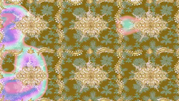 Raster altın desen. Doğu tarzı arabesk. Raster illüstrasyonu. Altın elementli kahverengi renkler. Altın desenli bukleler çiz.