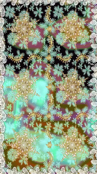 Kusursuz altın desen. Tarafsız renkler ve altın elementler. Çiçek desenli altın metal. Raster altın çiçek süsü brokar kumaş ve cam desenli..