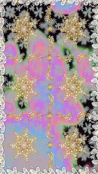 Raster altın tekstil baskısı. Gri renkli ve altın elementli altın desenli. Kusursuz desenli oryantal süs. İslam tasarımı. Çiçek karoları.