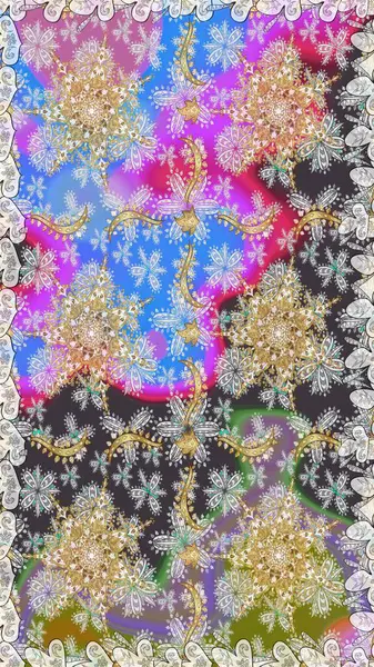 Raster altın tekstil baskısı. Çiçek kiremitleri. İslam tasarımı. Gri renkli ve altın elementli altın desenli. Kusursuz desenli oryantal süs.