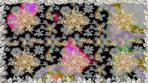 Kına dövmeli süs çiçekleri, altın çıkartmalar, mehndi ve yoga tasarımı, kartlar ve parmak izleri. Gri renkli desen. Raster altın mehndi kusursuz desen.