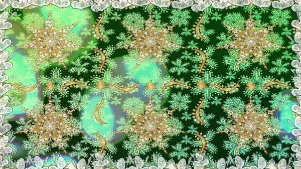 Yeşil renklerde, altın elementlerle kusursuz desen. Doğu tarzı arabesk. Parlak dantel, stilize çiçekler, şal desenli. Raster sanatı. Hassas altın deseni açın. Kusursuz altın dokular bukleler