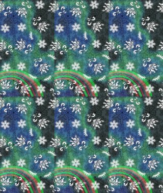 Raster illüstrasyonu. Düz Çiçek Elementleri Tasarımı. Renkli Bahar Teması eskiz kalıbı. Mavi ve yeşil renkli çiçekler. Çiçekli çiçek deseni, suluboya..