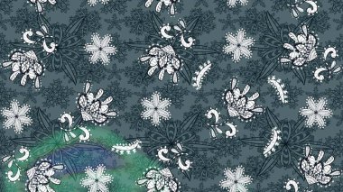 Raster illüstrasyonu. Çiçekli karalama şeklinde Raster çiçek deseni. Yeşil ve mavi renklerde bahar çiçekleri..