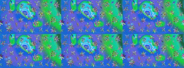 Kumaş, tekstil, duvar kağıdı baskısı için. Eski usul. Renkli desenli eskiz deseni, mavi ve yeşil çiçekler ve dekoratif elementler. Eskiz geçmişi. Raster illüstrasyonu.