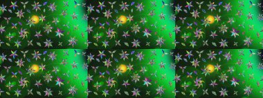 Çok yeşil ve gri zarif küçük çiçekler ve yeşil ve gri renkli komik böcekler, raster desen, illüstrasyon.