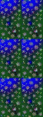 Düz Çiçek Elementleri Tasarımı. Yeşil ve mavi renkte zarif çiçekli suluboya. Renkli Bahar Teması eskiz kalıbı. Raster illüstrasyonu.