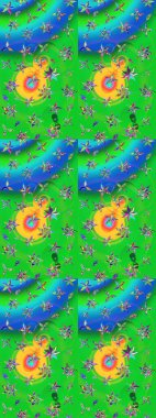 Suluboya elle çizilmiş çiçek desenli eskiz deseni. Parlak renkli fantezi çiçekleri, yapraklar, yeşil ve mavi renkli tomurcuklar yeşil ve mavi.