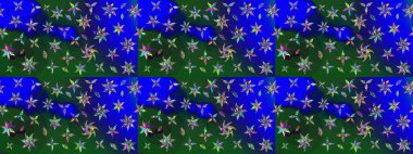 Mavi ve yeşil renkli çiçekler. Renkli Bahar Teması eskiz kalıbı. Düz Çiçek Elementleri Tasarımı. Çiçekle çizim deseni.