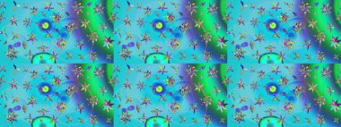 Mavi ve yeşil renklerde. Çizim kalıbı. Raster illüstrasyonu. Hint süsü. Çiçek duvar kağıdı. Renkli süs kenarı.