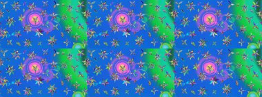 Raster illüstrasyonu. Şirin çiçekli eskiz deseni ve mavi ve yeşil renkli yapraklar, suluboya çiçek deseni, duvar kağıdı, kart veya kumaş için fayanslı.