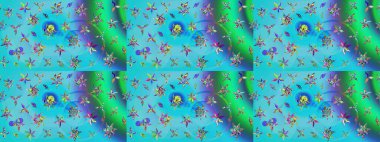 Raster illüstrasyonu. Çizim çiçek deseni duvar kâğıdı olarak kullanılabilir. Mavi ve yeşil renkte çiçekler.