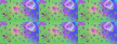 Raster illüstrasyonundaki çiçek desenli çizim. Yeşil ve mor renkte çiçekler.