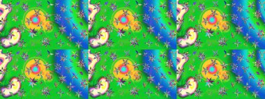 Yeşil ve mavi renkli Asya tekstili. Raster illüstrasyonu. Çiçek desenini çiz.