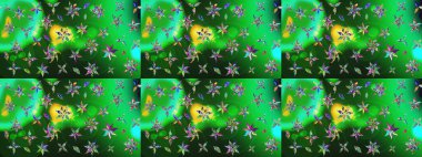 Raster Floral Illustration, Asyalı tekstil. Yeşil ve mavi renkli etnik çiçeklerle zarif bir eskiz deseni.