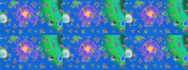 Dallı bahar çiçekleri ile desen, mavi ve yeşil renkler ile çiçek silueti. Raster deseni.