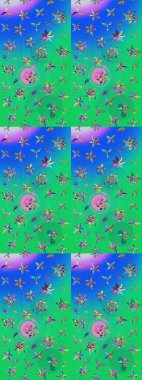 Raster illüstrasyonu. Raster illüstrasyonu. Çiçek desenli çizim. Asya tekstil tarzında. Yeşil ve mavi renkte çiçekler.