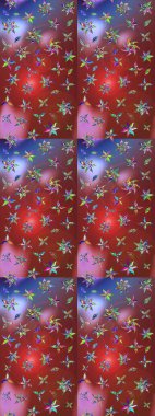 Raster Floral Illustration, Asyalı tekstil. Kahverengi ve kırmızı renkte etnik çiçeklerle süslenmiş zarif bir eskiz..