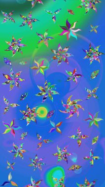 Motley illüstrasyonu. Mavi ve yeşil çiçekli bahar çiçekleri. Küçük çiçekte güzel bir desen. Küçük renkli çiçekler. Moda baskıları için zarif bir şablon.