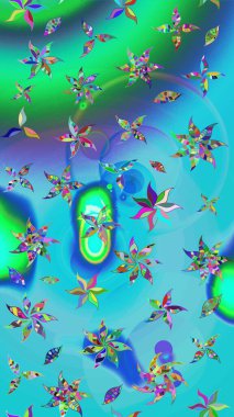 Mavi ve yeşile mavi ve yeşil. El çizimi çiçek unsurları olan soyut çizim raster deseni. 1950-1960 motifleri. Çiçekli ipek eşarp. Retro tekstil tasarım koleksiyonu.