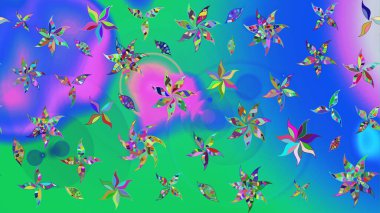 Düz Çiçek Elementleri Tasarımı. Renkli Bahar Teması eskiz kalıbı. Mavi ve yeşil renkli şirin çiçek desenleri. Raster Modaya uygun kumaş deseni.